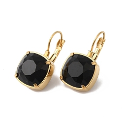 Black Glass Rectangle Leverback Earrings, Real 14K Gold Plated 304 Stainless Steel Jewelry, Black, 24x13.5x14mm, Pin: 0.8mm