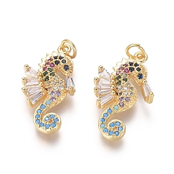 Colorful Golden Plated Brass Pendants, with Cubic Zirconia and Jump Rings, Sea Horse, Colorful, 20.5x10x3mm, Hole: 2.5mm