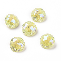 Jonquil Crackle Moonlight Style Glass Rhinestone Cabochons, Pointed Back, Flat Round, Jonquil, 10x5.6mm
