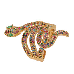 Colorful Cubic Zirconia Snake Open Cuff Ring, Gold Plated Brass Chunky Thick Ring for Women, Colorful, US Size 11 1/2(20.9mm)