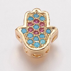 Golden Brass Cubic Zirconia Beads, Hamsa Hand/Hand of Fatima/Hand of Miriam, Colorful, Golden, 9.5x8.5x4mm, Hole: 2mm
