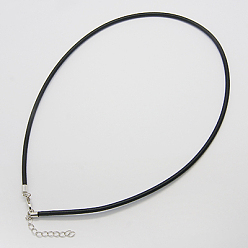 Black Silk Necklace Cord, with Brass Lobster Claw Clasp and Extended Chain, Platinum, Black, 17~18.5 inch