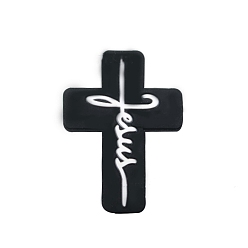 Black Cross with Word Jesus Food Grade Silicone Beads, Silicone Teething Beads, Black, 30x22.2mm