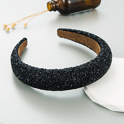 Black Full Rhinestone Pearl Hair Bands, Wide Cloth Hair Hoop, Hair Accessories for Women Girls, Black, 150x130x32mm