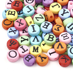 Mixed Color Acrylic Beads, Flat Round with Greek Alphabet, Mixed Color, 7x4mm, Hole: 1mm, about 3700pcs/500g