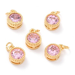 Pink Real 18K Gold Plated Brass Inlaid Cubic Zirconia Charms, with Jump Ring, Long-Lasting Plated, Flat Round, Pink, 9.5x7x4mm, Jump Ring: 4x0.5mm, 2.5mm Inner Diameter