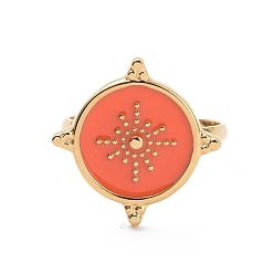 Coral Enamel Flat Round with Sun Signet Cuff Ring, Real 24K Gold Plated 304 Stainless Steel Jewelry for Women, Coral, US Size 7 3/4(17.9mm)