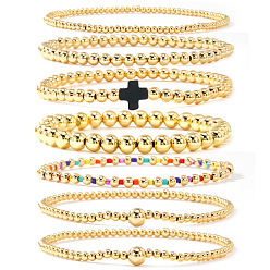 Черный 7 шт. латунные круглые браслеты с бусинами для женщин, с пластиковыми крестообразными бусинами, золотые, чёрные, 6.50 дюйм (16.5 см) ~ 6.89 дюйм (17.5 см)