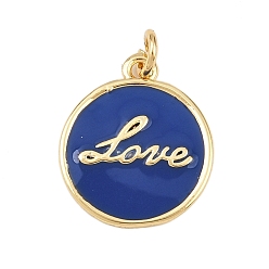 Темно-Синий Латунь эмаль подвески, с целью перехода в кольце, плоские круглые со словесными любовными чарами, без свинца и без кадмия, долговечный, реальный 18 k позолоченный, стойки покрытие, темно-синий, 16.5x14x1.5 мм, отверстие : 2.5 мм