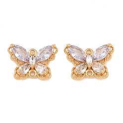 Thistle Brass Pave Cubic Zirconia Connector Charms, Butterfly Links, Real 18K Gold Plated, Faceted, Thistle, 12x17x5mm, Hole: 1.4mm