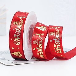 Red 22M Flat Merry Christmas Printed Polyester Satin Ribbons, Hot Stamping Ribbons, Red, 1 inch(25mm), about 24.06 Yards(22m)/Roll