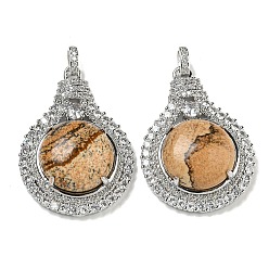 Пейзажный Джаспер Натуральная яшма с подвесками из прозрачного кубического циркония, подвески для лампочек со стойкой, латунные фурнитуры, платина, без кадмия и без свинца, 35x25x8.8~9.6 мм, отверстие : 2.8x3.9 мм