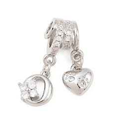 Letter O Латунные микропаве прозрачные подвески с фианитом, сердце прелести, долговечный, стойки покрытие, без кадмия и без свинца, платина, Письмо O, 23.5 мм, отверстия : 3 mm и 4 мм, Сердце: 8.5x8x3.5 mm, Письмо: 10.5x9x3.5 мм