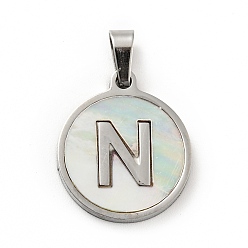 Letter N 304 Stainless Steel with White Shell Pendants, Stainless Steel Color, Flat Round with Letter Charm, Letter.N, 18x16x1.5mm, Hole: 3x6mm
