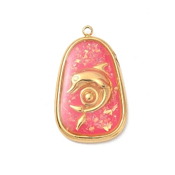 Светло-Вишневый 304 подвески из нержавеющей стали, эпоксидной смолы, с натуральными ракушками и пайетками внутри, каплевидная с подвесками в виде дельфинов, реальный 18 k позолоченный, вакуумное покрытие pvd, светло-вишневый, 27x16x2.5 мм, отверстие : 1.5 мм