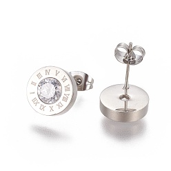 Stainless Steel Color 304 Stainless Steel Rhinestone Stud Earrings, with Ear Nuts/Earring Back, Flat Round with Roman numerals, Stainless Steel Color, 11x3mm, Pin: 0.6mm, 6pairs/card