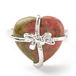 Unakite Natural Unakite Heart with Bowknot Adjustable Ring, Platinum Plated Brass Jewelry for Women, Cadmium Free & Lead Free, Inner Diameter: 16.7~21.2mm