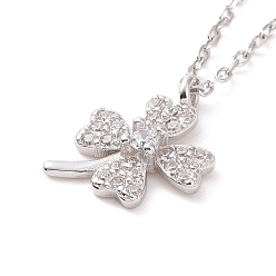 Platinum Rhodium Plated Sterling Silver Clover Pendant Necklace with Clear Cubic Zirconia for Women, Platinum, 15.94 inch(40.5cm)