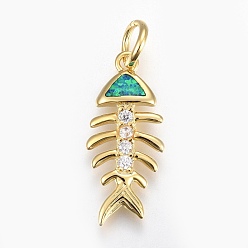 Light Sea Green Brass Micro Pave Cubic Zirconia Pendants, with Synthetic Opal, Fishbone, Light Sea Green, 27mm, Hole: 4~4.5mm