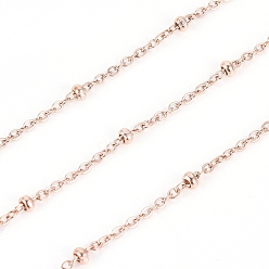 Rose Gold Ion Plating(IP) 304 Stainless Steel Cable Chains, Satellite Chains, with Spool and Beads, Soldered, Rose Gold, 1.6x1x0.3mm, 2x1mm, about 32.8 Feet(10m)/roll