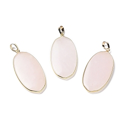 Rose Quartz Natural Rose Quartz Pendants, with Rack Plating Light Gold Tone Brass Findings, Cadmium Free & Lead Free, Oval Charms, 48x22x4.5mm, Hole: 8x5mm