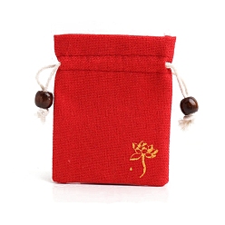 Red Flower Print Linen Drawstring Gift Bags for Packaging Sachets, Rings, Earrings, Rectangle, Red, 10x8cm
