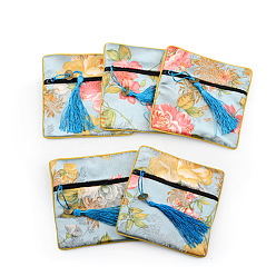 Alice Blue Retro Square Cloth Zipper Pouches, with Tassel and  Flower Pattern, Alice Blue, 11.5x11.5cm