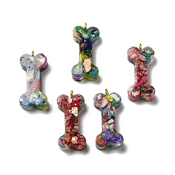 Colorful Transparent Resin Pendants, Dog Bone Charms, with Natural Opal and Dyed Imperial Jasper, Golden, Colorful, 27x12x6mm, Hole: 2mm