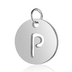 Letter P 304 Stainless Steel Charms, Flat Round with Letter, Stainless Steel Color, Letter.P, 12x1mm, Hole: 2.5mm