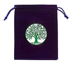 Lime Green Rectangle Velvet Jewelry Storage Pouches, Tree of Life Printed Drawstring Bags, Lime Green, 15x12cm