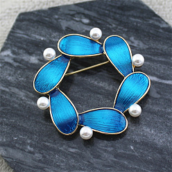 Blue Flower Ring Enamel Pin with Plastic Pearl, Gold Plated Alloy Lapel Pin for Women, Blue, 45mm