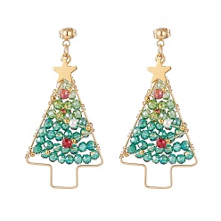 Colorful Shell Pearl & Glass Braided Christmas Tree Dangle Stud Earrings, 304 Stainless Steel Wire Wrap Big Drop Earrings for Women, Colorful, 60mm, Pin: 0.8mm
