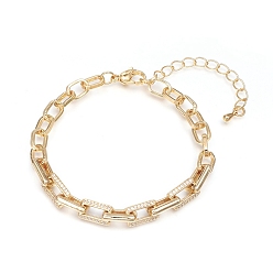 Golden Brass Cable Chains Bracelets, with Clear Cubic Zirconia and Lobster Claw Clasps, Textured, Long-Lasting Plated, Golden, 6-3/4 inch(17cm)