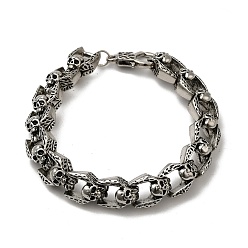 Antique Silver Tibetan Style Alloy Skull Link Chain Bracelet for Men, Antique Silver, 8-5/8 inch(21.8cm)