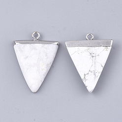 Howlite Electroplate Natural Howlite Pendants, with Iron Findings, Triangle, Platinum, 30~34x23x5~5.5mm, Hole: 1.6mm