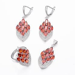 Orange Red Brass Micro Pave Cubic Zirconia Jewelry Sets, Pendants & Hoop Earrings & Finger Rings, Marquise/Horse Eye, Platinum, Chocolate, Size 8(18mm), 38.5x17x5.5mm, Hole: 5.5x4mm, 49x17x5.5mm, Pin: 1mm