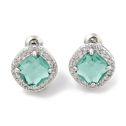 Средний Аквамарин Квадратные серьги-гвоздики с кубическим цирконием из латуни для женщин, платина, средний аквамарин, 12.5x12.5 мм