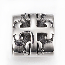 Antique Silver 304 Stainless Steel Slide Charms/Slider Beads, For Leather Cord Bracelets Making, Rectangle with Cross, Antique Silver, 12.5x11.5x9mm, Hole: 5.5x11mm