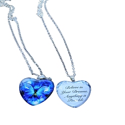 Blue Heart Glass Pendant Necklaces, with Platinum Alloy Chains, Blue, Pendant: 23x25mm