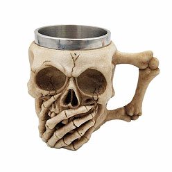 Beige Halloween 304 Stainless Steel Skull Mug, Resin Skeleton Beer Cup, for Home Decorations Birthday Gift, Beige, 115x150x105mm, Inner Diameter: 77mm