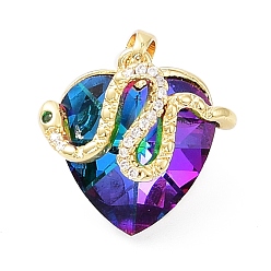 Dark Violet Real 18K Gold Plated Rack Plating Brass Micro Pave Cubic Zirconia Pendants, with Glass, Long-Lasting Plated, Cadmium Free & Lead Free, Snake with Heart, Dark Violet, 21x22.5~23x12.5~13.5mm, Hole: 3.5x5mm