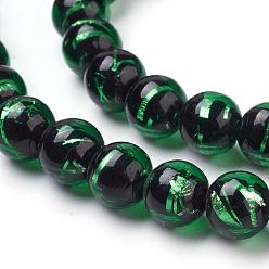 Green Handmade Silver Foil Lampwork Beads Strands, Round, Green, 10mm, Hole: 2mm, 40pcs/strand, 14.57 inch