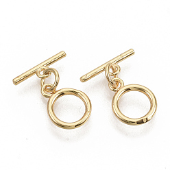 Real 18K Gold Plated Brass Toggle Clasps, with Jump Rings, Nickel Free, Ring, Real 18K Gold Plated, Ring: 12x9x1.5mm, Hole: 1.2mm, Bar: 12.5x1.5mm, Hole: 1.2mm, Jump Ring: 5x0.8mm.