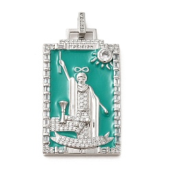 Teal Brass Micro Pave Cubic Zirconia Pendants with Enamel, Tarot, Teal, 39.5x23x2.5mm, Hole: 4.5x2mm