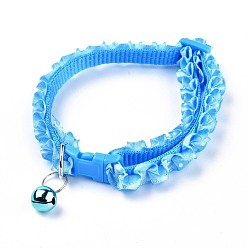 Sky Blue Adjustable Polyester Lace Dog/Cat Collar, Pet Supplies, with Iron Bell and Polypropylene(PP) Buckle, Sky Blue, 21~35x0.9cm, Fit For 19~32cm Neck Circumference