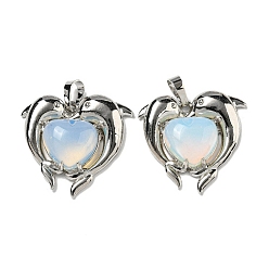 Опал Опалитовые сердечные подвески, латунные подвески в виде дельфинов, платина, без кадмия и без свинца, 29x32.5x8.5 мм, отверстие : 8x5 мм