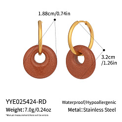 Настоящее золото 18K Плоские круглые 304 серьги-кольца из нержавеющей стали, с природными драгоценными камнями, реальный 18 k позолоченный, 32x18.8 мм