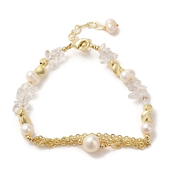Real 14K Gold Plated Brass Chains Tassel Link Bracelet, with Natural Pearl & Quartz Crystal Chips Beaded, Real 14K Gold Plated, 6-5/8 inch(16.7cm)