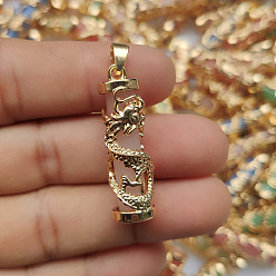 Misty Rose Synthetic Luminous Stone Column Pendants, Golden Plated Alloy Dragon Wrapped Charms, Misty Rose, 36x11mm