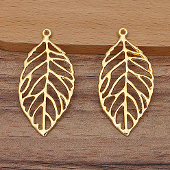 Golden Alloy Hollow Pendant, Leaf Charm, Golden, 50x25mm
